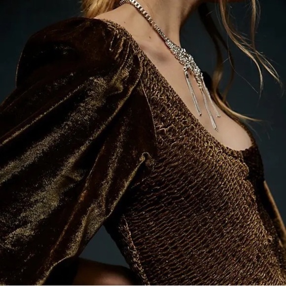 Free People Farrier Velvet Mini Dress Brown Bear Balloon Sleeves Smocked Bodice - Picture 8 of 17